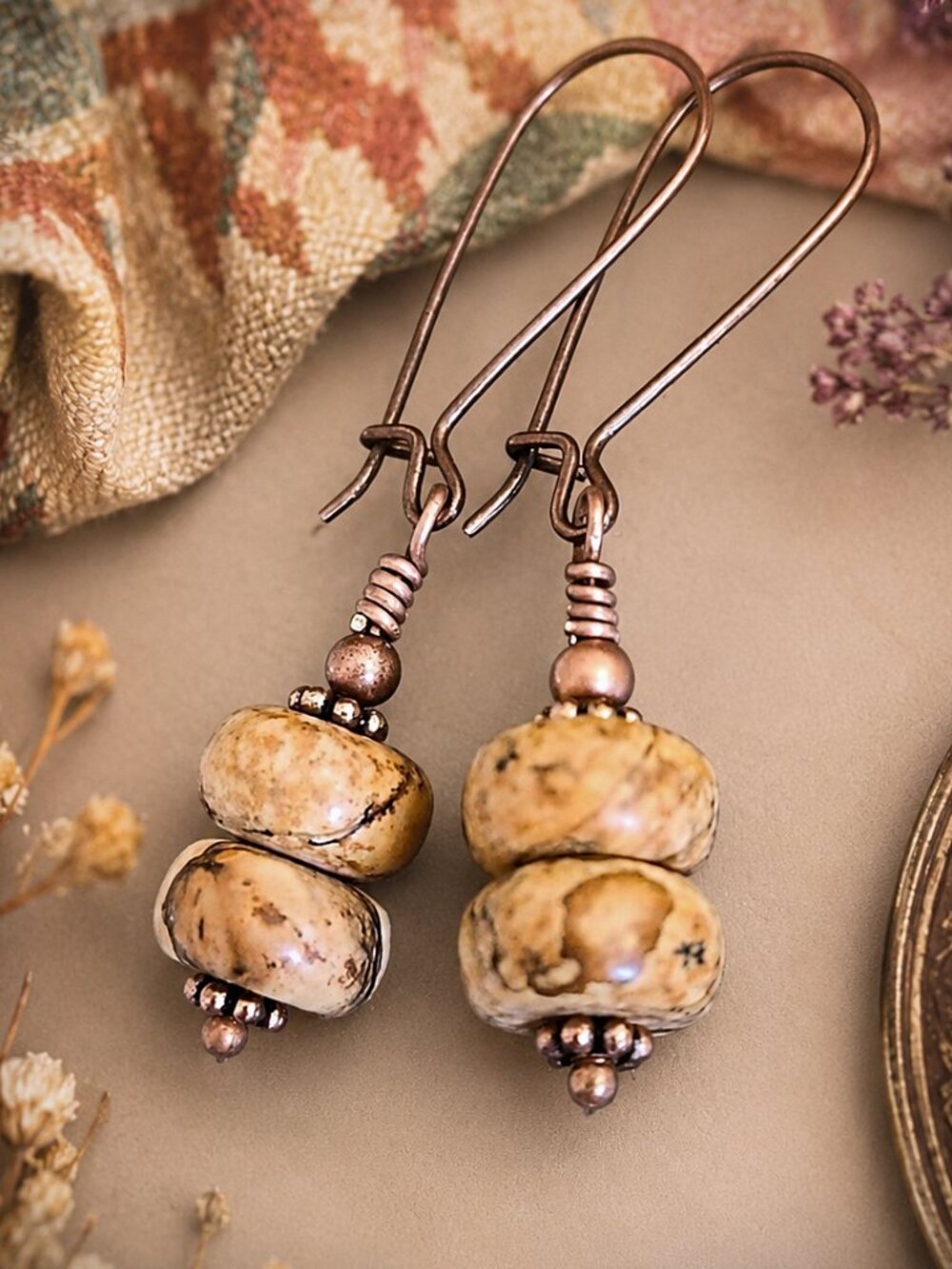 Picture Jasper Earrings Antiqued Copper